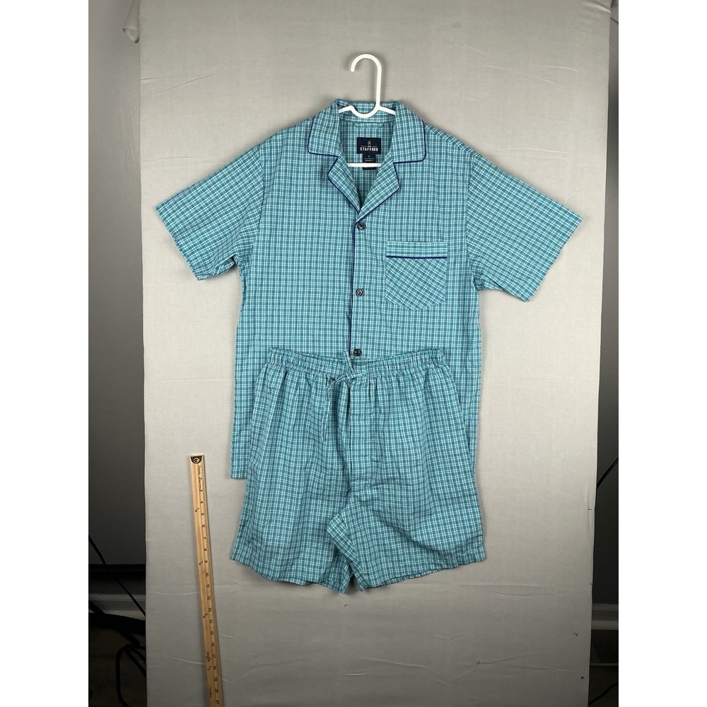 Stafford Men's Broadcloth Pajama Set SS‎ Shirt & Shorts SMALL Blue Yellow Plaid